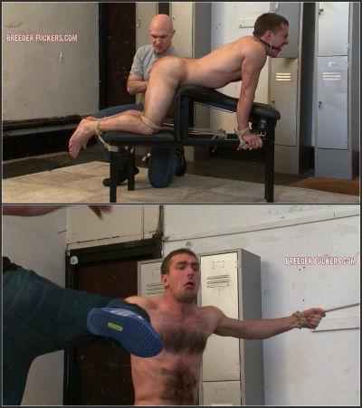 Guy13-l - Bound to a spanking bench, arse caning, jock strap cut off from him